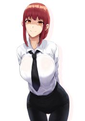 Rule 34 | 1girl, arms behind back, black legwear, black necktie, black pants, breasts, business suit, chainsaw man, collared shirt, cowboy shot, formal, highres, large breasts, leaning forward, looking at viewer, makima (chainsaw man), mikame v2, necktie, pants, red hair, shirt, shirt tucked in, simple background, smile, solo, suit, white background, yellow eyes