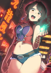 Rule 34 | 1girl, belt, breasts, brown eyes, brown hair, cleavage, earrings, highres, jewelry, kowloon&#039;s gate, looking at viewer, multiple boys, navel, open mouth, shiba hajime, short hair, short shorts, shorts, smile, xiaohei