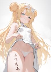Rule 34 | 1girl, absurdres, blonde hair, body writing, bow, breasts, china dress, chinese clothes, clothes lift, commentary request, double bun, dress, female focus, green eyes, hagi (ame hagi), hair bow, hair bun, highres, long hair, looking at viewer, navel, original, panties, partial commentary, petite, side-tie panties, small breasts, solo, thighs, translation request, underwear, white background, white dress, white panties