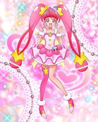 Rule 34 | 1girl, ahoge, choker, clenched hands, cure star, dress, earrings, full body, hair ornament, highres, hoshina hikaru, jewelry, magical girl, official art, open mouth, pink choker, pink dress, pink eyes, pink footwear, pink hair, pink thighhighs, planet hair ornament, precure, precure connection puzzlun, single thighhigh, smile, solo, star (symbol), star choker, star twinkle precure, thighhighs, third-party source, twintails