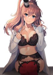Rule 34 | 1girl, black bra, black panties, blouse, blue eyes, bra, breasts, brown hair, cleavage, closed mouth, collarbone, garter belt, hair between eyes, highres, kantai collection, kasumi (skchkko), large breasts, long hair, looking at viewer, navel, open clothes, open shirt, panties, red thighhighs, saratoga (kancolle), shirt, side ponytail, smile, solo, thighhighs, underwear, white shirt