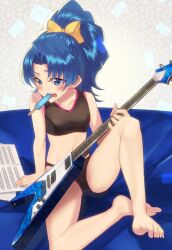 Rule 34 | 1girl, arm support, bare legs, barefoot, black panties, black sports bra, blue hair, blush, bow, breasts, collarbone, electric guitar, feet, food, full body, guitar, hair bow, hair intakes, hand up, holding, instrument, kabocha (monkey4), kirakira precure a la mode, knee up, legs, long hair, looking to the side, midriff, mouth hold, navel, panties, parted bangs, ponytail, popsicle, precure, sheet music, sitting, small breasts, solo, sports bra, sweatdrop, tategami aoi, teeth, toes, underwear, underwear only, yellow bow