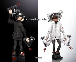 Rule 34 | 2girls, arm up, black footwear, black hair, black headwear, black jacket, black leggings, black shirt, closed mouth, commentary, dark-skinned female, dark skin, dual wielding, from behind, frown, glooga dualies (splatoon), hair ornament, hair scrunchie, head tilt, highres, holding, inkling, inkling girl, inkling player character, jacket, leggings, logo, long sleeves, looking at viewer, looking back, multiple girls, nintendo, octoling, octoling girl, octoling player character, patch, pointy ears, puchiman, red eyes, scrunchie, shadow, shirt, shoes, short ponytail, short twintails, splatoon (series), splatoon 2, suction cups, tentacles, twintails, welding mask, white hair, white jacket, white scrunchie, zipper