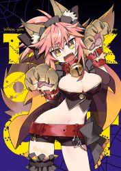 Rule 34 | 1girl, animal ears, bell, neck bell, breasts, cleavage, collar, fang, fate/grand order, fate (series), fox ears, large breasts, long hair, midriff, navel, negi (ulog&#039;be), open mouth, pink hair, short shorts, shorts, solo, tail, tamamo (fate), tamamo cat (fate), tamamo no mae (fate/extra), yellow eyes