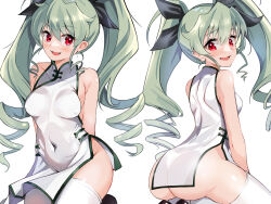 Rule 34 | 1girl, anchovy (girls und panzer), arms behind back, ass, bare shoulders, black ribbon, blaze (blazeillust), blush, breasts, china dress, chinese clothes, commentary request, covered erect nipples, covered navel, dress, drill hair, girls und panzer, green hair, hair between eyes, hair ribbon, highres, looking at viewer, looking back, medium breasts, multiple views, nervous smile, open mouth, red eyes, ribbon, side slit, simple background, sleeveless, sleeveless dress, smile, taut clothes, taut dress, thighhighs, turning head, twin drills, white background, white dress, white thighhighs