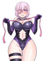 Rule 34 | 1girl, bare shoulders, black gloves, blush, breasts, cleavage, cleavage cutout, clothing cutout, cowboy shot, elbow gloves, eyes visible through hair, fate/grand order, fate (series), gloves, hair over one eye, heart, heart in eye, large breasts, leotard, light purple hair, looking at viewer, mash kyrielight, navel, navel cutout, open mouth, purple eyes, pussy juice, short hair, solo, symbol in eye, thigh strap, thighhighs, yakisobapan tarou &amp; negitoro-ko