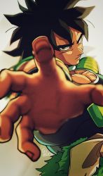Rule 34 | 1boy, armor, black eyes, black hair, blurry, broly (dragon ball super), depth of field, dragon ball, dragon ball super, dragon ball super broly, expressionless, fingernails, frown, grey background, highres, looking at viewer, male focus, outstretched hand, serious, simple background, solo, spiked hair, standing, tama azusa hatsu, twitter username