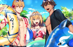 Rule 34 | :d, ahoge, arm tattoo, ball, beachball, bikini, black shirt, blonde hair, blue sky, brown hair, chest tattoo, cloud, crop top, dark-skinned male, dark skin, earrings, eyewear on head, fate/grand order, fate (series), flipped hair, flower, flower wreath, gilgamesh (fate), gold necklace, green eyes, inflatable dolphin, inflatable toy, innertube, jewelry, long hair, napo (naporittan), navel, necklace, nero claudius (fate), nero claudius (fate) (all), ocean, one eye closed, open clothes, open mouth, open shirt, ozymandias (fate), palm tree, pendant, red bikini, red eyes, red flower, see-through, shirt, short hair, sky, sleeves rolled up, smile, sunglasses, swim ring, swimsuit, tattoo, topless male, tree, yellow eyes