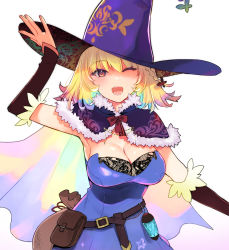 Rule 34 | arm warmers, armpits, belt, blonde hair, blue dress, bow, bowtie, breasts, brown eyes, butterfly hair ornament, cape, cleavage, cowboy shot, dress, elbow gloves, fingernails, fur trim, gloves, hair ornament, hat, highres, looking at viewer, medium hair, multicolored hair, one eye closed, open mouth, original, red bow, red bowtie, sagara riri, simple background, smile, strapless, strapless dress, white background, witch, witch hat