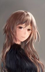 Rule 34 | 1girl, black sweater, breasts, brown eyes, brown hair, close-up, commentary request, from side, grey background, light smile, long hair, looking at viewer, looking to the side, medium breasts, original, sakimori (hououbds), simple background, solo, sweater
