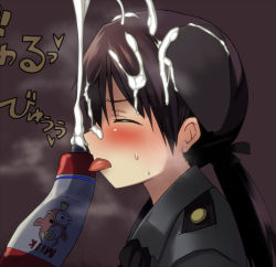 Rule 34 | 1girl, atahuta, blush, brown hair, cream, closed eyes, gertrud barkhorn, long hair, messy, military, military uniform, open mouth, sexually suggestive, solo, steam, strike witches, suggestive fluid, sweat, tongue, tongue out, twintails, uniform, world witches series