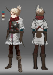 Rule 34 | 1girl, absurdres, bag, belt, blonde hair, boots, bow (weapon), brown footwear, brown gloves, brown pants, color guide, folded ponytail, full body, ginho, gloves, gradient background, grey background, grey jacket, highres, jacket, multiple views, muneate, original, pants, red scarf, scarf, solo, weapon