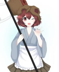 Rule 34 | 1other, absurdres, androgynous, apron, blue kimono, brown skirt, earthen miraculous sword, fang, fox10991, hakama, hakama short skirt, hakama skirt, helmet, highres, holding, japanese clothes, katano sukune, katano sukune&#039;s bottle opener, kimono, len&#039;en, len'en, one eye closed, open mouth, red eyes, red hair, short hair, skirt, smile, waist apron, white apron