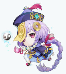 Rule 34 | 1girl, bead necklace, beads, braid, cape, chibi, chinese clothes, coin hair ornament, commentary request, genshin impact, hair between eyes, hair ornament, hat, highres, jewelry, jiangshi, long hair, long sleeves, looking at viewer, low ponytail, necklace, ofuda, orb, purple eyes, purple hair, qingdai guanmao, qiqi (genshin impact), shoes, sidelocks, simple background, single braid, solo, vision (genshin impact), white background, white legwear, wide sleeves, y.i. (lave2217), yin yang, yin yang orb