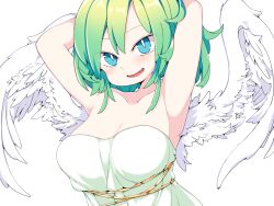 Rule 34 | 1girl, :d, angel, armpits, arms up, blush, breasts, fang, frfr, green hair, highres, large breasts, looking at viewer, medium hair, open mouth, original, simple background, smile, solo, strapless, upper body, white background, wings