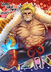 Rule 34 | 1boy, abs, absurdres, animal ears, bara, blonde hair, body hair, facial hair, gachimuchi, highres, kageru (mofnyan), large pectorals, looking at viewer, male focus, mature male, muscular, muscular male, old, old man, original, pectoral cleavage, pectorals, puffy chest, tiger stripes