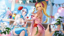 Rule 34 | 2girls, :p, absurdres, akashic chronicle, balloon, bikini, blonde hair, blue hair, blue theme, blurry, blurry foreground, bottle, breasts, cellphone, cleavage, crossed legs, cup, day, demon horns, demon tail, drinking glass, facial mark, flower, food, grin, hair flower, hair ornament, hibiscus, highres, holding, holding cup, holding food, holding phone, horns, ichibi, large breasts, looking at viewer, multiple girls, nail polish, outdoors, palm tree, phone, pink nails, ponytail, popsicle, purple bikini, red eyes, red flower, single thighhigh, sitting, smartphone, smile, standing, string of flags, swimsuit, tail, taking picture, thighhighs, tongue, tongue out, tree, twitter username, white bikini