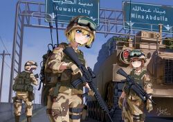 Rule 34 | 1other, 2022, 2girls, absurdres, ambiguous gender, american flag, ammunition pouch, arabic text, armored personnel carrier, armored vehicle, arrow (symbol), assault rifle, backpack, bag, belt, blonde hair, blue eyes, blue sky, body armor, boots, brown footwear, brown gloves, brown pants, bulletproof vest, camouflage, camouflage headwear, camouflage pants, canteen, cargo pants, carrying bag, caterpillar tracks, chin strap, closed mouth, combat boots, combat helmet, commentary, cowboy shot, dated, day, desert camouflage, dot mouth, english commentary, english text, facing back, feet out of frame, foregrip, from behind, gloves, goggles, goggles on headwear, green bag, green belt, green eyes, green vest, grenade launcher, gulf war, gun, gun sling, helmet, highres, historical event, holding, holding gun, holding weapon, kaungmyat naing, lamp, load bearing equipment, load bearing vest, long sleeves, looking ahead, m16, m16a4, m203, microphone, military, military uniform, military vehicle, motor vehicle, multiple girls, optical sight, original, outdoors, pants, patch, bulletproof vest, pocket, pouch, power lines, purple hair, radio antenna, rifle, road, road sign, shirt, short hair, sign, signature, sky, sleeves past elbows, sleeves rolled up, soldier, standing, straight-on, thigh pouch, thigh strap, trigger discipline, underbarrel grenade launcher, uniform, united states army, utility belt, utility pole, vehicle request, vertical foregrip, vest, war, weapon, yellow headwear, yellow pants, yellow shirt