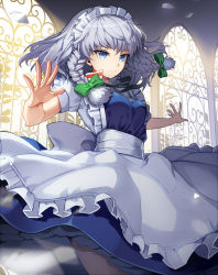 Rule 34 | 1girl, apron, arch, bad id, bad pixiv id, black ribbon, blue dress, blue eyes, blurry, bow, braid, carchet, closed mouth, clothes lift, cowboy shot, depth of field, dress, dress lift, green bow, hair bow, indoors, izayoi sakuya, maid headdress, neck ribbon, outstretched arms, plant, puffy sleeves, ribbon, shards, short sleeves, silver hair, smile, solo, spread fingers, touhou, twin braids, waist apron, white apron, window