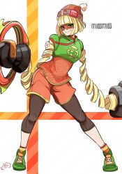 Rule 34 | 1girl, arms (game), beanie, blonde hair, domino mask, full body, green eyes, green footwear, hat, highres, mask, min min (arms), mugiten, orange shorts, shoes, short hair, shorts, smile, sneakers, standing