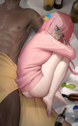 Rule 34 | 1boy, 1girl, absurdres, aftersex, alternate breast size, anshinmama, ass, barefoot, blue eyes, bocchi the rock!, bottle, breasts, colored condom, commentary request, condom, cube hair ornament, curled up, dark-skinned male, dark skin, feet, gotoh hitori, hair between eyes, hair ornament, hair over eyes, head out of frame, hetero, highres, interracial, jacket, large breasts, long hair, lying, no pants, on side, one side up, pink hair, pink jacket, pink track suit, solo focus, sweat, toes, toned, toned male, track jacket, used condom