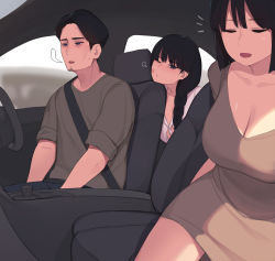 Rule 34 | 1boy, 2girls, after vaginal, aftersex, bandaid, bandaid on face, black hair, blue eyes, blush, breasts, car, car interior, cleavage, closed eyes, dress, elder sister (pepper0), family, father (pepper0), father and daughter, highres, large breasts, long hair, mother (pepper0), mother and daughter, motor vehicle, multiple girls, one eye closed, original, partially unbuttoned, pepper0, seatbelt, shirt, short hair, sitting, steering wheel, sweat