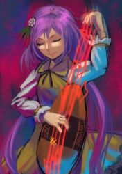Rule 34 | 1girl, berabou, biwa lute, dress, closed eyes, flower, hair flower, hair ornament, instrument, long hair, lute (instrument), md5 mismatch, musical note, purple hair, resized, smile, solo, touhou, tsukumo benben, twintails