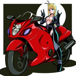 1girl absurdres blonde_hair bodysuit breasts cleavage double_w green_eyes hair_bun highres large_breasts legs long_hair looking_at_viewer motor_vehicle motorcycle nancy_lee ninja_slayer smile solo thick_thighs thighs unzipped unzipped_bodysuit w