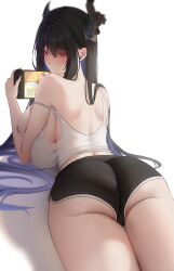 Rule 34 | 1girl, absurdres, ass, asymmetrical horns, back, black hair, black shorts, blue hair, blush, breasts, colored inner hair, commentary, dolphin shorts, english commentary, from behind, furrowed brow, hair between eyes, hair ornament, hair over shoulder, handheld game console, highres, holding, holding handheld game console, hololive, hololive english, horns, huge breasts, long hair, looking at viewer, lying, median furrow, mole, mole on ass, mole under eye, multicolored hair, nerissa ravencroft, nintendo switch, off shoulder, on stomach, pout, prab, red eyes, short shorts, shorts, single bare shoulder, solo, strap slip, suika game, tank top, thigh gap, thighs, uneven horns, very long hair, virtual youtuber, white tank top