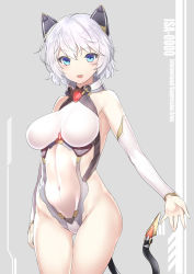 Rule 34 | 1girl, 47agdragon, animal ears, bare shoulders, blue eyes, blush, breasts, covered navel, cowboy shot, detached sleeves, fake animal ears, gluteal fold, grey background, groin, hair between eyes, headgear, highleg, highleg leotard, highres, large breasts, leotard, long sleeves, original, parted lips, short hair, silver hair, solo, tail, thigh gap, two-tone background, white background, white leotard, white sleeves