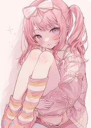 Rule 34 | 1other, :3, akiyama mizuki, anmin dreamingribbon (project sekai), blush, cardigan, closed mouth, commentary, haruta 333 x, highres, hugging own legs, jewelry, knees up, long sleeves, looking at viewer, necklace, pink cardigan, pink eyes, pink footwear, pink hair, project sekai, side ponytail, sidelocks, simple background, sitting, slippers, smile, socks, solo, sparkle, striped clothes, striped socks, white background