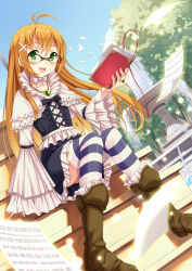 Rule 34 | 1girl, absurdly long hair, absurdres, ahoge, blush, book, brown hair, collarbone, day, fountain, glasses, green eyes, hair ornament, highres, holding, holding book, jewelry, ling si, long hair, looking at viewer, open mouth, original, outdoors, ring, sitting, smile, solo, striped clothes, striped thighhighs, thighhighs, very long hair, x hair ornament
