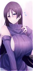 Rule 34 | 1girl, absurdres, alternate costume, bad id, bad twitter id, bare shoulders, blush, breasts, closed mouth, cowboy shot, detached sleeves, fate/grand order, fate (series), flying sweatdrops, highres, large breasts, long hair, long sleeves, looking at viewer, minamoto no raikou (fate), purple eyes, purple hair, ribbed sweater, sideboob, sleeveless, sleeveless turtleneck, smile, solo, sweater, turtleneck, turtleneck sweater, very long hair, wada kazu