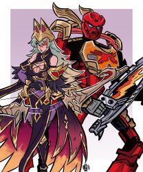 Rule 34 | 1boy, 1girl, absurdres, bionicle, black dress, black gloves, bodystocking, bow (weapon), breasts, brown hair, cleavage, cleavage cutout, clothing cutout, commentary, commission, crossover, dress, english commentary, eye trail, fire emblem, fire emblem heroes, gloves, gradient hair, grey hair, helmet, highres, holding, holding bow (weapon), holding sword, holding weapon, kanohi (bionicle), laegjarn (fire emblem), laegjarn (flame ascendant) (fire emblem), large breasts, light trail, long hair, looking to the side, mask, multicolored hair, nintendo, pointing, scruffyturtles, sword, tahu (bionicle), the lego group, very long hair, weapon