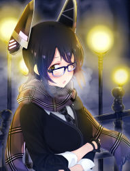 Rule 34 | 10s, 1girl, amami amayu, black gloves, blush, breath, checkered clothes, checkered necktie, checkered neckwear, crossed arms, fence, gloves, headgear, kantai collection, lamppost, necktie, night, open mouth, partially fingerless gloves, plaid, plaid scarf, purple hair, scar, scar across eye, scar on face, scarf, short hair, sidelocks, solo, tenryuu (kancolle), upper body, yellow eyes