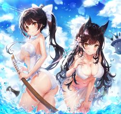 Rule 34 | 2girls, :q, ass, atago (azur lane), atago (summer march) (azur lane), azur lane, ball, bikini, black hair, blue sky, blush, bow, breasts, brown eyes, closed mouth, cloud, cloudy sky, day, hair bow, highres, katana, large breasts, leaning forward, long hair, looking at viewer, mole, mole under eye, multiple girls, narae, navel, ocean, one-piece swimsuit, outdoors, parted lips, ponytail, see-through, sheath, sheathed, sky, smile, swept bangs, swimsuit, sword, takao (azur lane), takao (beach rhapsody) (azur lane), thighs, tongue, tongue out, turret, volleyball (object), weapon, white bikini, white one-piece swimsuit