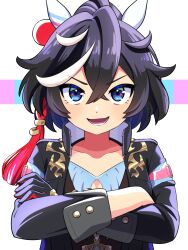 Rule 34 | 1girl, absurdres, animal ears, black hair, black jacket, blue eyes, commentary request, crossed arms, ear covers, hair between eyes, hair ornament, highres, horse ears, horse girl, jacket, katsuragi ace (umamusume), light blush, long sleeves, looking at viewer, medium hair, multicolored hair, open clothes, open jacket, open mouth, ponytail, simple background, smile, solo, streaked hair, sumikawa (sumikawa8v), tassel, tassel hair ornament, umamusume, upper body, v-shaped eyebrows, white background, white hair
