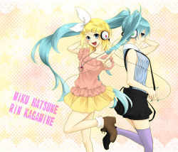 Rule 34 | 2girls, :d, aqua eyes, aqua hair, bad id, bad pixiv id, blonde hair, blue eyes, hair ornament, hair ribbon, hairclip, hatsune miku, headphones, highres, jewelry, kagamine rin, leg lift, long hair, multiple girls, necklace, open mouth, pointing, ribbon, shoes, skirt, smile, stardrop, suspenders, thighhighs, twintails, very long hair, vocaloid