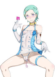 Rule 34 | 1girl, blush, bow legged, breasts, cameltoe, cleft of venus, clothes lift, condom, condom wrapper, covered erect nipples, covered navel, dress, dress lift, ear piercing, elbow gloves, embarrassed, eureka (eureka seven), eureka seven, eureka seven (series), female focus, gloves, gluteal fold, gozaru, green hair, groin, hair ornament, hairclip, highres, holding, holding condom, legs, legs apart, lifting own clothes, looking at viewer, nipple piercing, nipples, object insertion, panties, parted lips, piercing, piercing through clothes, pink eyes, pussy, pussy juice, pussy juice trail, see-through, sex toy, short hair, simple background, small breasts, smile, solo, standing, thigh strap, thighs, thong, underwear, vaginal, vaginal object insertion, vibrator, wet, white background