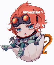 Rule 34 | 1girl, :o, animification, apex legends, black gloves, blue eyes, chibi, cup, gloves, goggles, goggles on head, hair behind ear, highres, holding, holding stylus, horizon (apex legends), looking at viewer, mini person, minigirl, open mouth, orange hair, short hair, simple background, sitting, spacesuit, stylus, tama (ponz3o1), teacup, white background