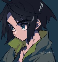Rule 34 | 1boy, black hair, blue eyes, character name, closed mouth, gundam, gundam tekketsu no orphans, highres, jacket, looking to the side, male focus, mikazuki augus, mochizuki kei, open clothes, open jacket, sidelocks, solo, thick eyebrows, upper body