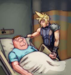 Rule 34 | 2boys, absurdres, armor, bed, black shirt, blonde hair, blue shirt, bodko (comradebodko), brown gloves, clip studio paint (medium), closed eyes, cloud strife, commentary, crossover, english commentary, family guy, final fantasy, final fantasy vii, fingerless gloves, frown, glasses, gloves, highres, hospital bed, lying, male focus, meme, multiple boys, parted lips, peter griffin, peter i told you (meme), round eyewear, shirt, shoulder armor, sleeveless, sleeveless shirt, spiked hair, v-shaped eyebrows