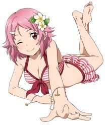 Rule 34 | 1girl, barefoot, bikini, bikini skirt, bracelet, crossed legs, feet, flower, foreshortening, freckles, full body, hair flower, hair ornament, hairclip, halterneck, jewelry, lisbeth (sao), looking at viewer, lying, non-web source, official art, on stomach, one eye closed, outstretched arm, pink eyes, pink hair, pointy ears, short hair, simple background, smile, soles, solo, striped bikini, striped clothes, swimsuit, sword art online, the pose, toes, white background