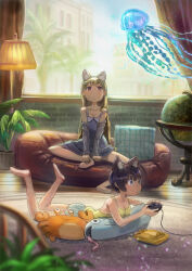 Rule 34 | 2girls, amakani0628, animal ears, arm warmers, barefoot, black dress, black hair, blonde hair, blurry, breasts, cat ears, cat girl, chair, cleavage, commentary request, controller, couch, curtains, depth of field, dress, game controller, globe, grey eyes, highres, holding, holding controller, holding game controller, jellyfish, lamp, long hair, lying, medium breasts, multiple girls, on stomach, original, pillow, plant, playing games, red eyes, short hair, short shorts, shorts, small breasts, smile, strap slip, stuffed animal, stuffed crab, stuffed fish, stuffed toy, window