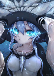 Rule 34 | 10s, 1girl, :&lt;, abyssal ship, between breasts, blue eyes, bodysuit, breasts, bubble, cape, collarbone, glowing, glowing eyes, hachachi, highres, kantai collection, large breasts, long hair, looking at viewer, personification, short hair with long locks, silver hair, solo, upper body, watermark, web address, wo-class aircraft carrier