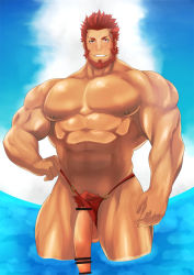 Rule 34 | 1boy, abs, bara, beard, facial hair, fate/grand order, fate/zero, fate (series), flaccid, iskandar (fate), karakuraax, large pectorals, large penis, looking at viewer, male focus, male pubic hair, male swimwear, male swimwear aside, male swimwear pull, muscular, nipples, o-ring, o-ring swimsuit, pectorals, penis, pubic hair, pulled by self, red eyes, red hair, red male swimwear, red swim briefs, short hair, smile, solo, swim briefs, swim briefs aside, swim briefs pull, swimsuit, thick thighs, thighs, water