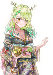 Rule 34 | 1girl, absurdres, antlers, bare shoulders, blush, braid, braided bangs, breasts, ceres fauna, cleavage, collarbone, green hair, highres, hololive, hololive english, horns, japanese clothes, kimono, kimono pull, large breasts, looking at viewer, loose clothes, medium breasts, medium hair, nori chazuke, single braid, smile, virtual youtuber, wavy hair, yellow eyes