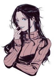 Rule 34 | 1girl, black hair, commentary, cropped torso, earrings, english commentary, highres, jewelry, long hair, long sleeves, looking at viewer, nico robin, one piece, pink nails, profile, sidelocks, simple background, smile, solo, sparkle, sweater, turtleneck, turtleneck sweater, twitter username, vertical-striped sweater, white background, yoki (ricardo blue73)