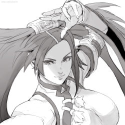 Rule 34 | 1girl, arms up, artist name, bare shoulders, breasts, closed mouth, commentary, fighting stance, fingernails, greyscale, guilty gear, hair ornament, hairclip, kuradoberi jam, lips, long hair, looking at viewer, medium breasts, monochrome, parted bangs, rejean dubois, signature, simple background, sleeveless, smile, upper body, white background