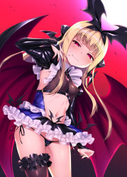 Rule 34 | 1girl, arm up, bat wings, between breasts, black bow, black hairband, black panties, black skirt, black wings, blonde hair, blood, blood on face, blood on hands, blue ribbon, blue skirt, blunt bangs, blush, bow, bow panties, breasts, bridal gauntlets, brown thighhighs, closed mouth, collar, commentary request, corruption, covered erect nipples, dark persona, demon girl, fingernails, frilled skirt, frilled thighhighs, frills, from below, glint, hair bow, hairband, half-closed eyes, head tilt, highres, juliet sleeves, latex, long fingernails, long hair, long sleeves, looking at viewer, microskirt, mononobe alice, nail polish, navel, nijisanji, o-ring, o-ring top, panties, puffy sleeves, purple nails, raised eyebrows, red eyes, red sky, red wings, ribbon, satou kuuki, seductive smile, shiny clothes, shiny skin, side-tie panties, sidelocks, single thighhigh, skirt, sky, slit pupils, small breasts, smile, solo, standing, stomach, straight hair, thighhighs, underwear, virtual youtuber, wing collar, wings